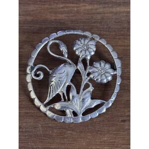 Vintage Sterling Silver Bird & Flower Cutout Brooch Pin Signed LMG 12.4g